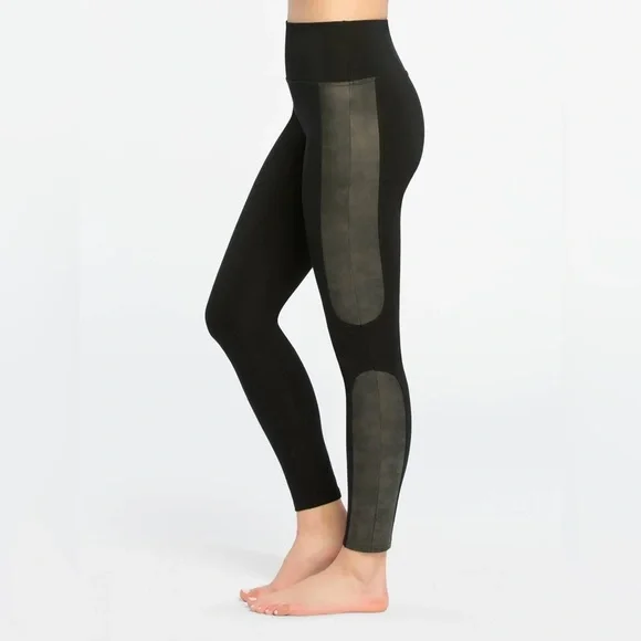 Spanx Women’s Black Faux Leather Panel Ponte Leggings, Size Small - Picture 2 of 13